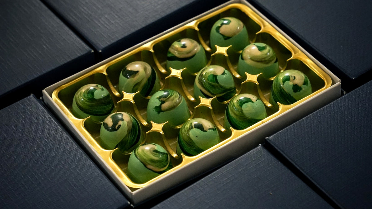 12 Matcha Ganache white chocolate bonbons with ceremonial grade matcha by XO Chocolate London