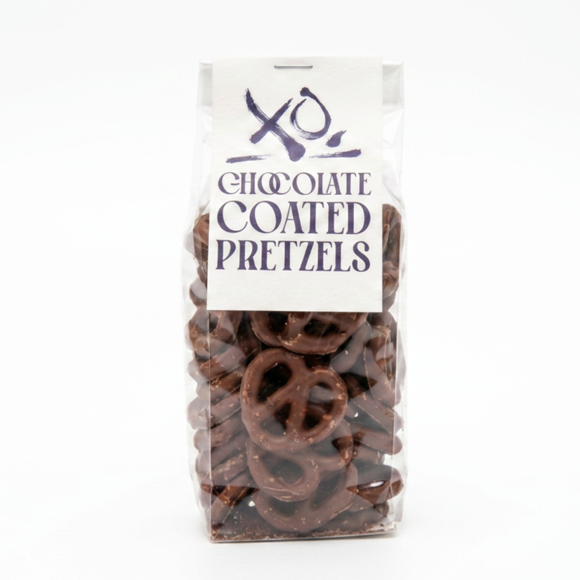 A bag of chocolate coated pretzels , by XO  Chocolate with a white label that reads 'CHOCOLATE COATED PRETZELS' on a plain white background.