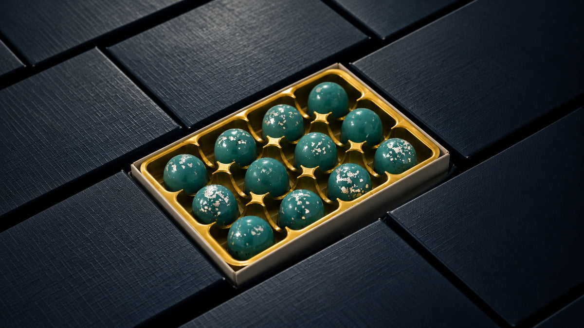 12 Milk and Honey milk chocolate ganache bonbons with Welsh honey and silver leaf by XO Chocolate London